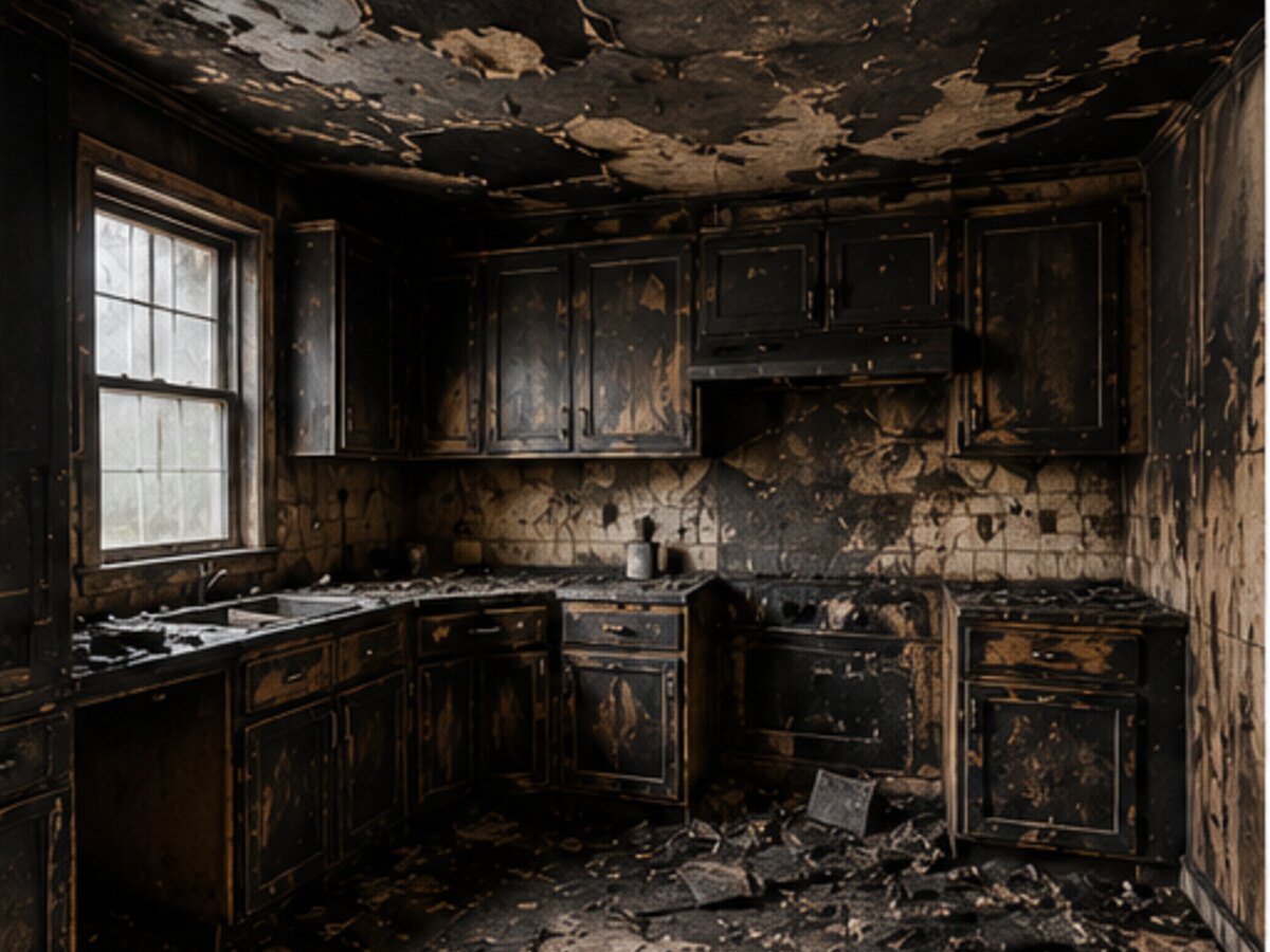 Illustrative fire and smoke damaged kitchen before restoration